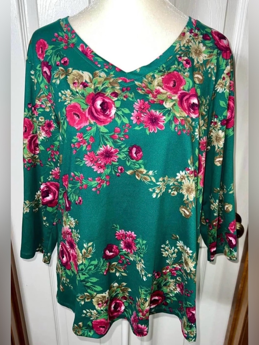 The Pioneer Woman Blouse Top Floral 3/4 Sleeve Green/Pink Women’s Size L